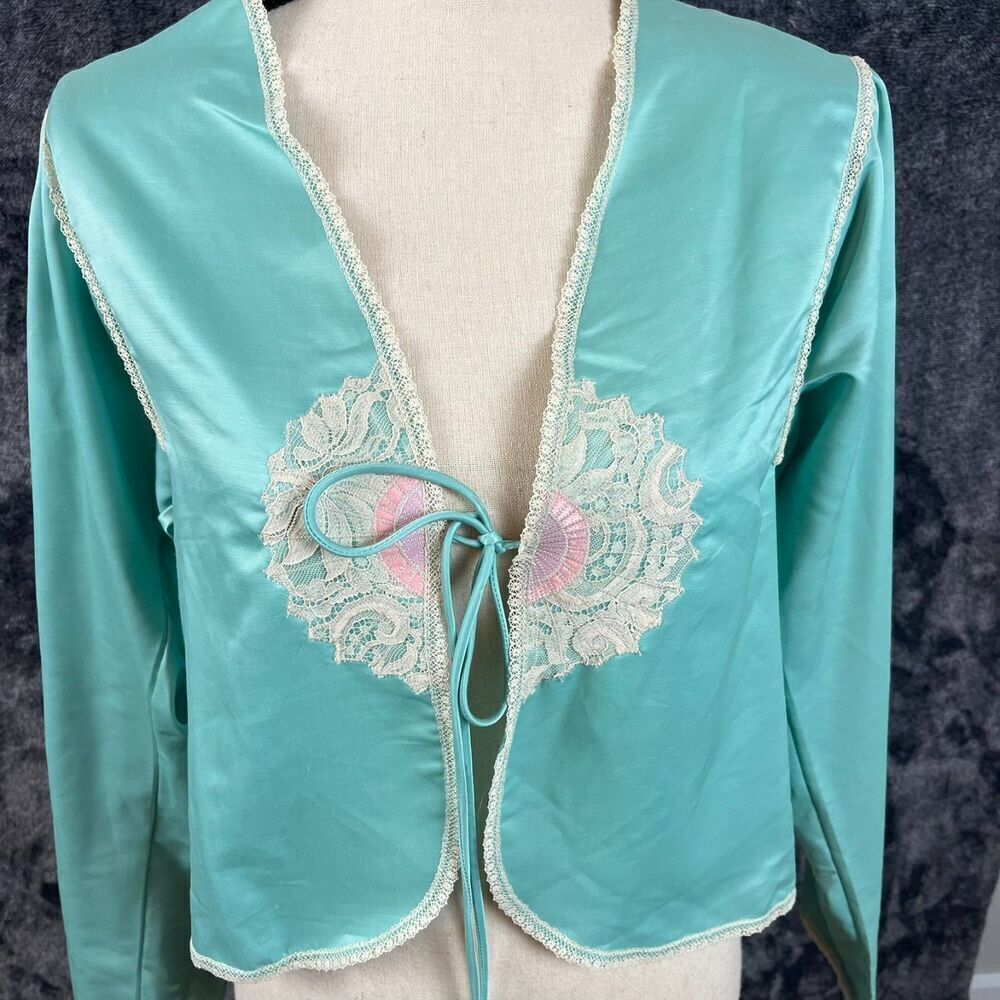 Vtg Bill Tice Pajama Top Satin Women's S Blue Embroidered Tie Long Sleeve - Picture 2 of 11